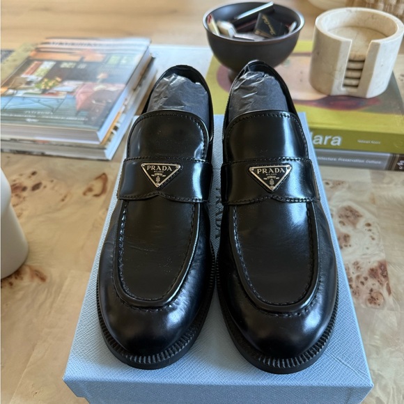 Prada Shoes - Prada Black Leather Penny Loafers with Triangle Logo